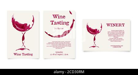 Set of Wine testing and Winery card in shape of wineglass, bottle stain Stock Vector