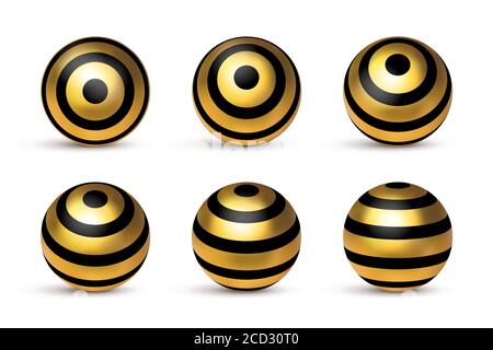 Realistic glossy golden black sphere stripped 3d metal in different position set isolated on white background. Vector design geometric ellipse element Stock Vector