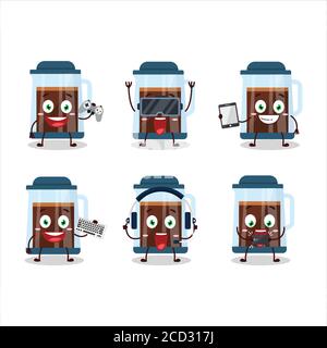 French press cartoon character are playing games with various cute emoticons Stock Vector