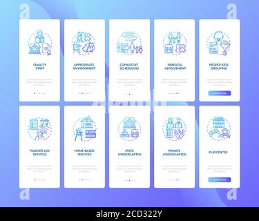 Toddlers education centers types and features onboarding mobile app page screen with concepts set Stock Vector