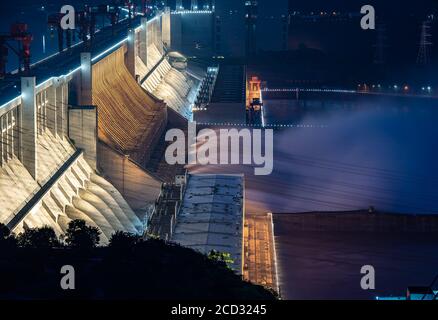 Aerial view of Three Gorges Dam discharging water in Yichang city, south China's Hubei province, 22 July 2020. Stock Photo
