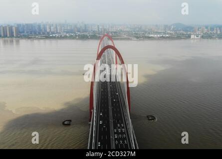 Aerial view of the Qiantang River and the Zhijiang Bridge in Hangzhou city, east China's Zhejiang province, 9 July 2020. Stock Photo