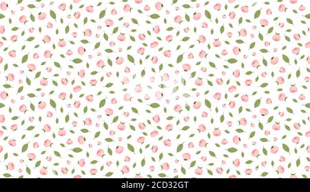 Pink rose flower, petal and leaf seamless pattern for paper design. Vintage illustration. Summer green garden. Ditsy style. Stock Vector