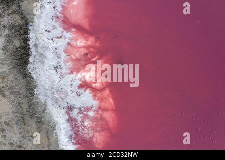 Top view of the salt-covered shore of Pink Lake. Stock Photo