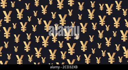 Horizontal seamless pattern of the symbols of yen currency on black. Golden vector background with signs of Japanese yen. The pattern can be used for Stock Vector
