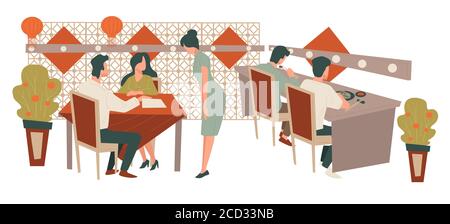 Chinese restaurant, people eating at diner or cafe Stock Vector