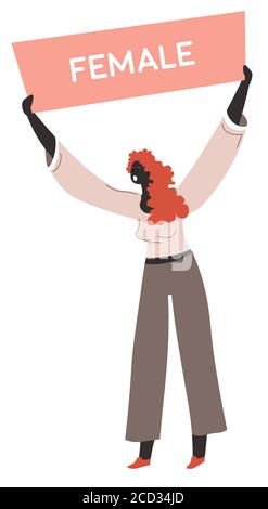 Female character showing banner, protesting feminist movement vector Stock Vector