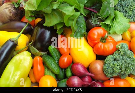 Many different colorful vegetables fill the frame. Harvest and summer season concept Stock Photo