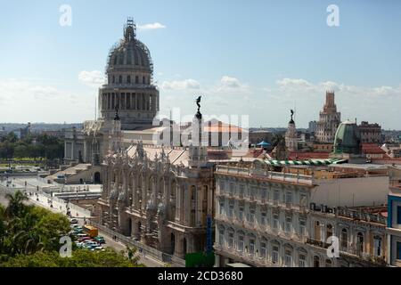 Panoramic view of central park, Great Theater of Havana and National Capitol, Havana, Cuba Stock Photo