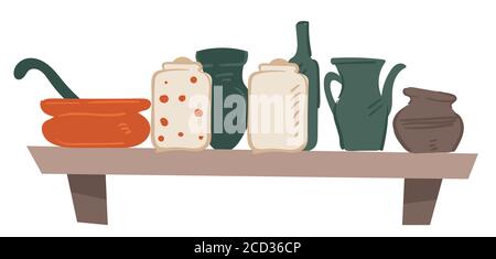 Shelf with cookware, cups mugs and pots vector Stock Vector