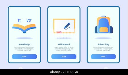 Knowledge whiteboard schoolbag for mobile apps template banner page UI with three variations modern flat color style Stock Vector