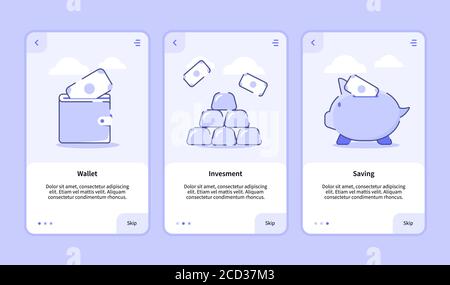 Wallet Investment saving onboarding screen for mobile apps template banner page UI with three variations modern flat outline style Stock Vector