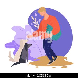 Volunteer or visitor man feeding pets in shelter Stock Vector