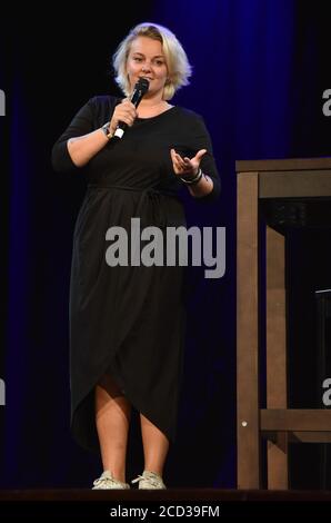 Cologne, Germany. 25th Aug, 2020. Singer Nicole Kempermann from Bnd Kempers Finest speaks at the presentation of the autumn programme at the Volksbühne am Rudolfplatz in Cologne. Credit: Horst Galuschka/dpa/Alamy Live News Stock Photo