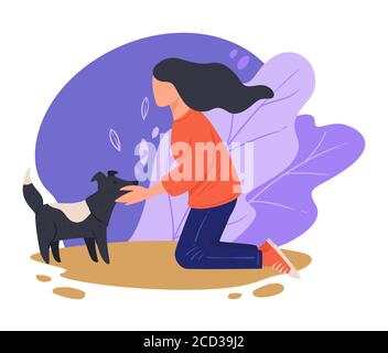 Woman cuddling stray dog outdoors, kind female character Stock Vector