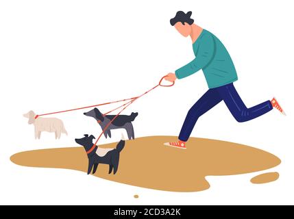 Man running with dogs on leash, male character on walk Stock Vector
