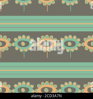 Vector childlike drawing of flowers and stripes seamless pattern background. Backdrop of alternating rows of painterly florals, lines in teal, orange Stock Vector