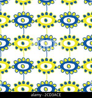 Vector childlike drawing of flowers seamless pattern background. Simple yellow, cobalt blue painterly florals on white backdrop. Bright geometric Stock Vector