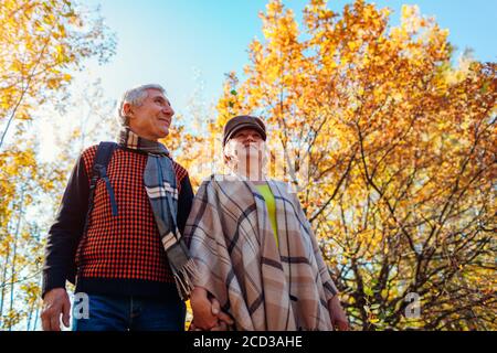 Fall season walk. Senior family couple walking in autumn park. Man and woman spending time together outdoors Stock Photo