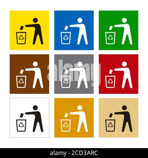 Recycling bins of different colors. Icons for product labels to recycle it correctly. Stock Vector