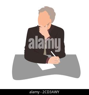 Thinking or listening businessman sitting at desk and holding a pan in office. Business man silhouette, flat vector illustration Stock Vector
