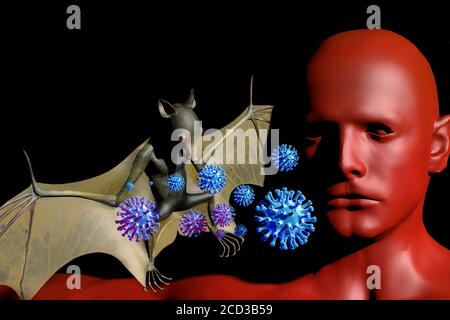 viele Viren wandern von der Tierwelt zum Menschen. Haeufig spielen Fledermaeuse dabei eine grosse Rolle - Symbolbild: CGI-Visualisierung: Coronavirus Stock Photo