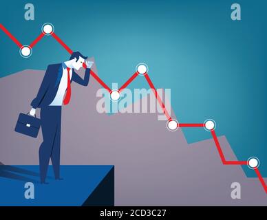 Businessman looking at falling diagram. Economic and financial crisis. Concept business illustration. Vector flat Stock Vector