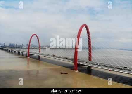 Aerial view of the Qiantang River and the Zhijiang Bridge in Hangzhou city, east China's Zhejiang province, 9 July 2020. Stock Photo