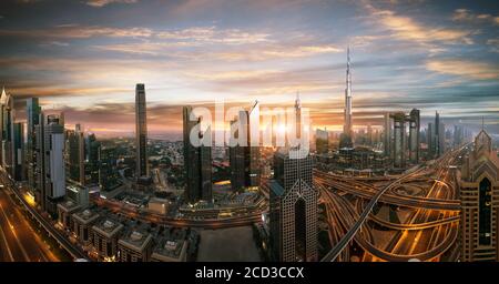 Dubai sunset panoramic view of downtown. Dubai is super modern city of UAE, cosmopolitan megalopolis. Very high resolution image Stock Photo