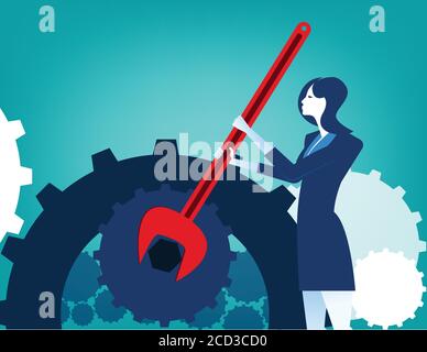 Businesswoman with wrench and cogs. Concept business illustration. Vector flat Stock Vector