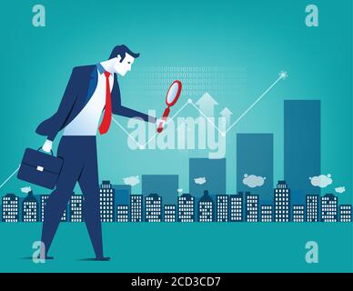 Leader businessman looking for inverstment opportunity. holding large magnifying glass. Concept business illustration. Vector flat Stock Vector
