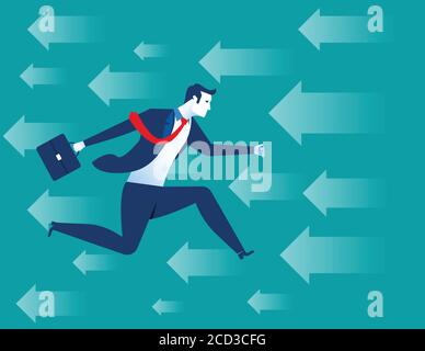 Businessman running on background with arrows. Concept business illustration. Vector flat Stock Vector