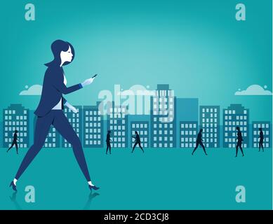 Businesswoman walking on city using a smart phone. Concept business illustration. Vector flat Stock Vector