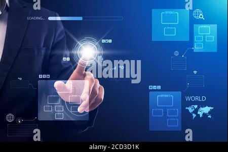 Modern Business Technologies. Businessman pushing virtual button on touchscreen with option choice Stock Photo