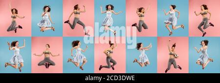 Collage of portraits of young jumping woman on multicolored background in motion and action. Concept of human emotions, facial expression, sales. Smiling, cheerful, happy. Using devices, gadgets. Stock Photo
