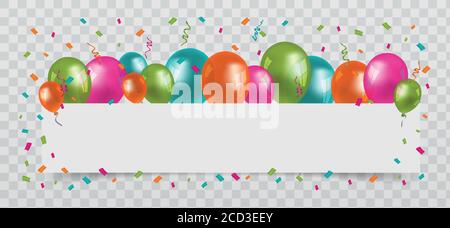 Colourful Balloons with confetti and streamers white Paper free Space. Transparent background. Party, Birthday and Carnival Vector. Stock Vector