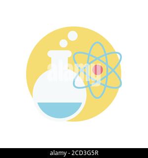 Chemistry and physics icon. Atom and flask round symbol. Stock Vector