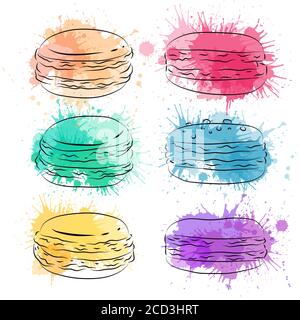 Set contour drawing macaroon with colorful watercolor splashes. Bakery and pastries. Vector element for your creativity. Stock Vector