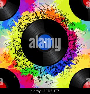 Seamless texture with a vinyl record, music notes and rainbow watercolor splash. Vector musical pattern for your  creativity Stock Vector