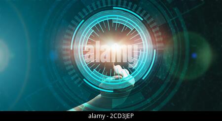 Close up of person touching virtual panel with finger Stock Photo