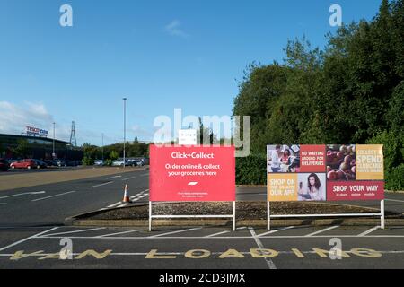 Makeshift click and collect point at the superstore of Tesco at Corby, Northamptonshire, during the coronavirus crisis, August 2020. Stock Photo