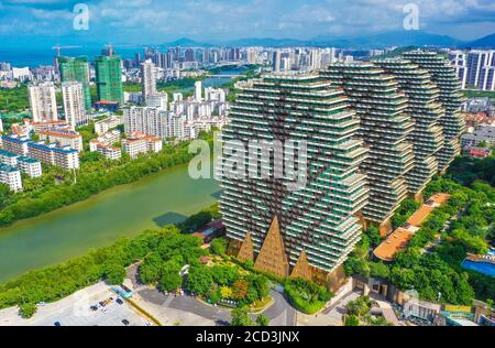 An aerial view of the Beauty Crown Hotel, which looks like nine enormous trees from the computer game Minecraft, drawing attention of tourists and sit Stock Photo