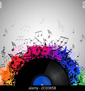Illustration of vinyl record with music notes, rainbow watercolor splashes and with space for text. Vector element for presentations, covers and your Stock Vector