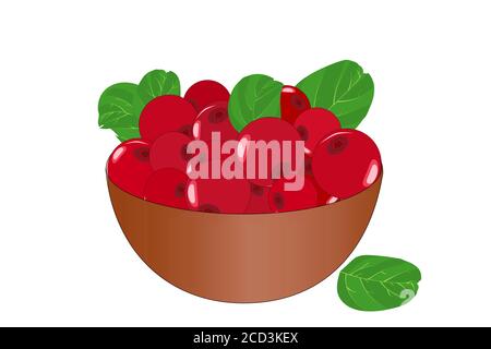 Bowl of delicious juicy lingonberry isolated on white background.Fresh red lingonberry in the brown bowl.Plate of beautiful juicy berries.Stock vector Stock Vector