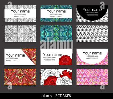 Set of different horizontal  business cards templates. Boho patterns and flowers. Corporative and creative element for your design Stock Vector