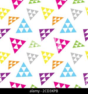Colorful Abstract Triangles Shape Ornament . Falling Triangular Geometric Seamless Pattern Design Template. Yellow, Orange, Green, Light Blue, Pink Ma Stock Vector
