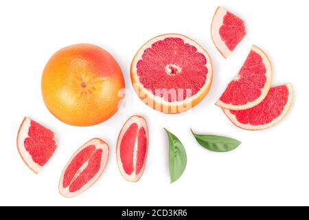 Grapefruit and slices isolated on white background. Top view. Flat lay. With clipping path and full depth of field. Stock Photo