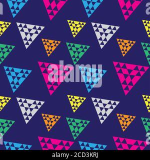 Triangular Geometric Seamless Pattern Design Template. Colorful Abstract Triangles Shape Ornament . Yellow, Orange, Green, Light Blue, Pink Magenta An Stock Vector