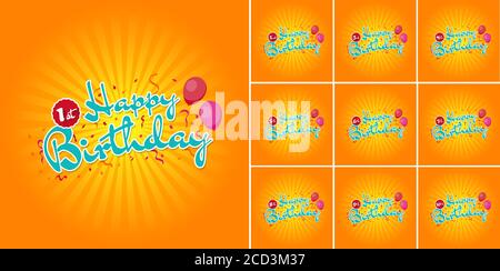 Happy Birthday sign with Balloons over Confetti 1st - 10th Years. Stock Vector