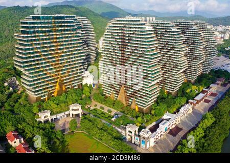 An aerial view of the Beauty Crown Hotel, which looks like nine enormous trees from the computer game Minecraft, drawing attention of tourists and sit Stock Photo